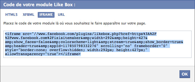 Paramètres Facebook Like Box