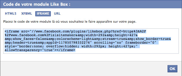Paramtres Facebook Like Box