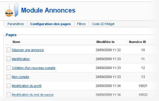 Pages du modules "petites annonces"